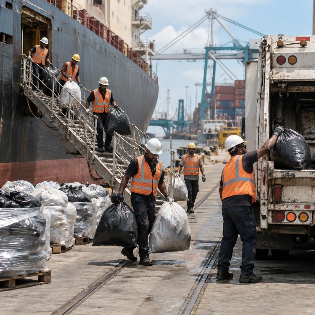 Waste collection truck and crew receiving covered garbage containers from a cargo ship at port