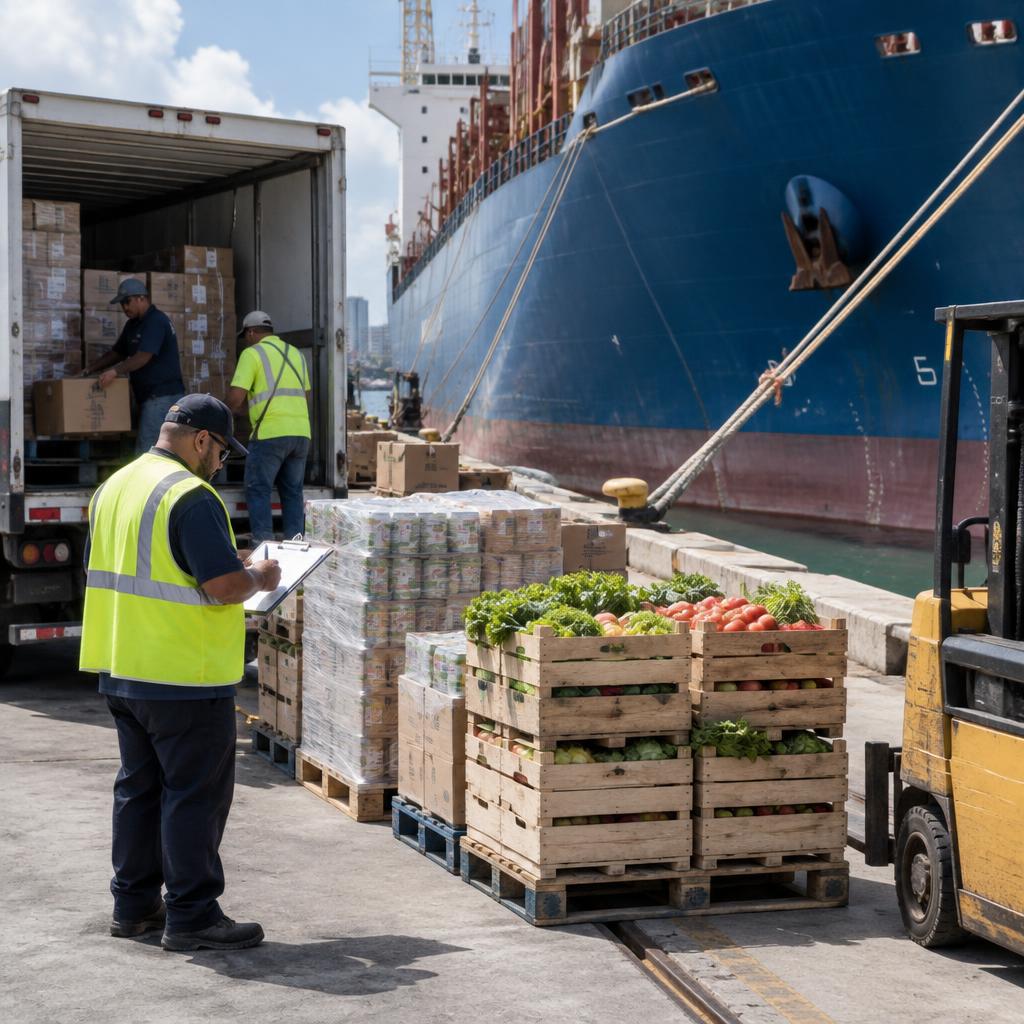 Pallets of fresh food and supplies being delivered to a large cargo vessel at port